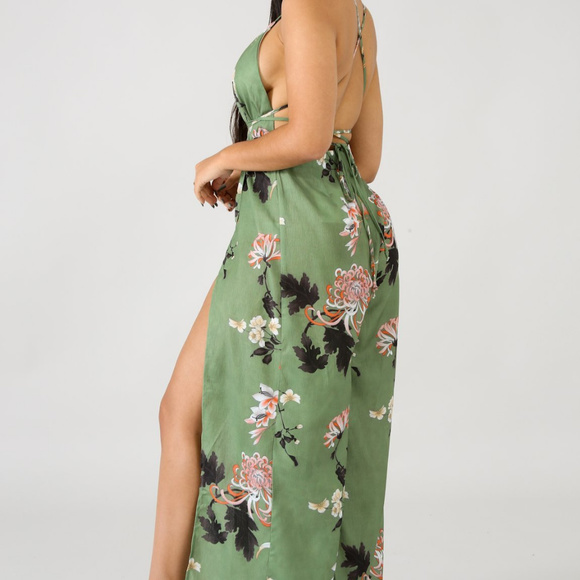Womens Green Floral Print Double Slit Leg Jumpsuit - Picture 4 of 4